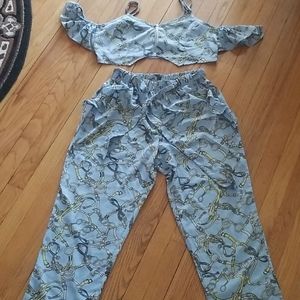 2pc Womens💙 💛Print- Crop Top & Pant Set